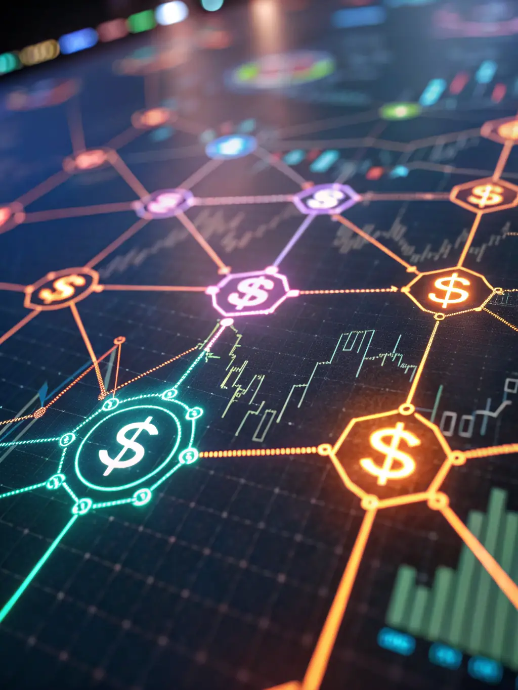 An illustration of Finalysis's banking relationship management, featuring interconnected nodes representing banks and financial institutions, symbolizing seamless communication and collaboration.